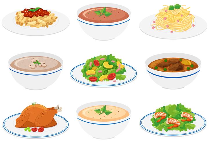 Different kinds of food on plates and bowls vector