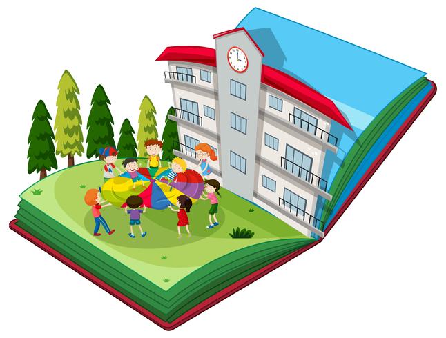 Pop up book of students playing at playground vector