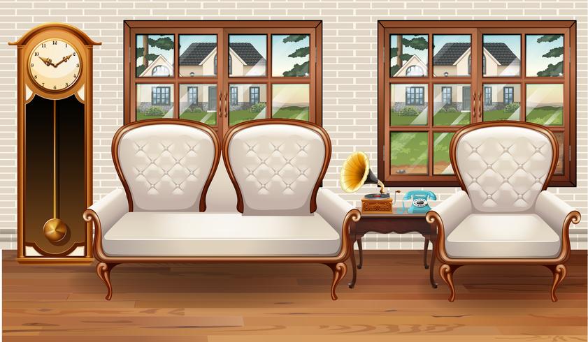 Room with white sofa and vintage clock vector