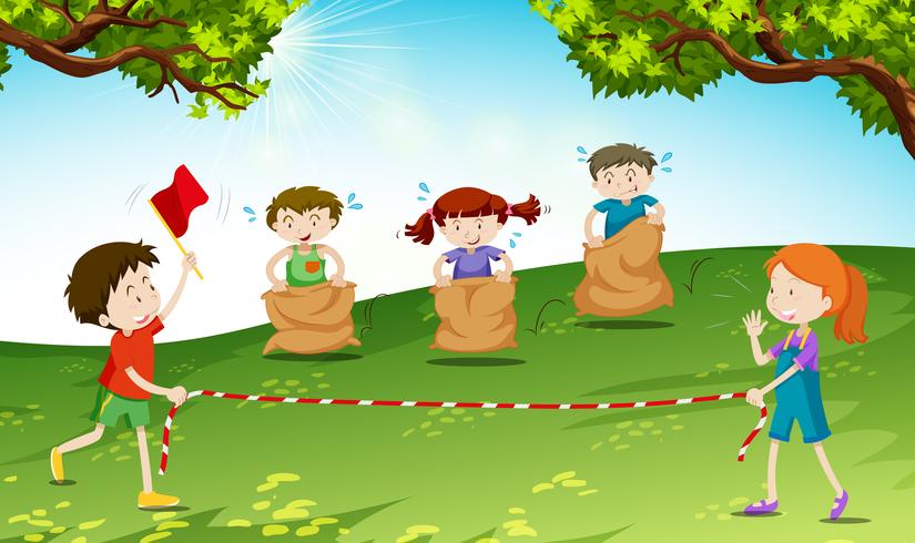 Children play jumping sack in the park vector