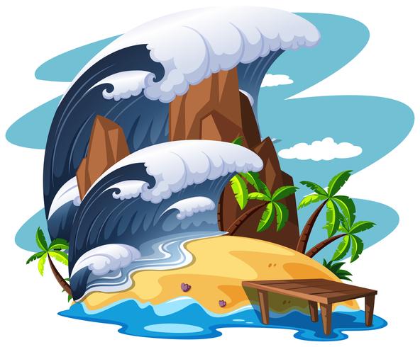 Tsunami on island scene vector