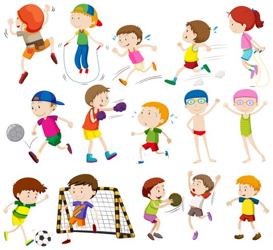 Vector illustration of little boys and girls playing football and  basketball. A set of cute cartoon children isolated on a white background.  6424887 Vector Art at Vecteezy