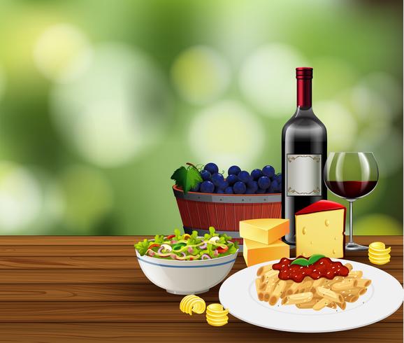 Comida con escena de vino. vector