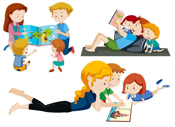 Conjunto de padres leyendo a los niños. vector