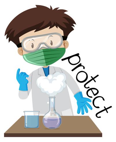 El diseño de Flashcard para la palabra protege con el muchacho que lleva la protección en laboratorio vector