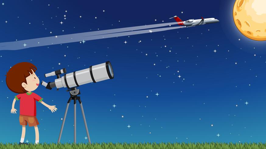 Un niño mirando a la luna con telescopio vector