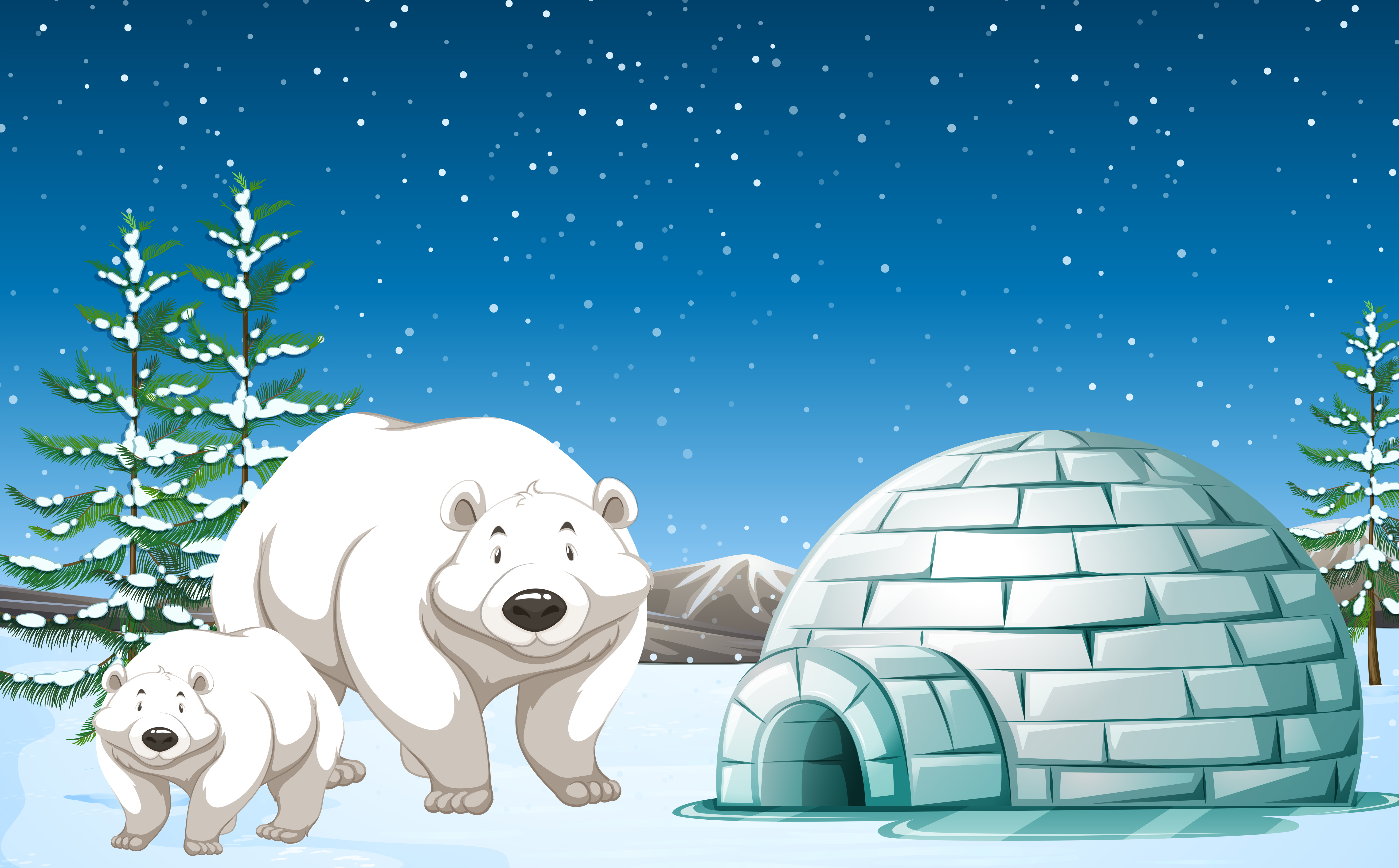 Polar bears standing near igloo at night 299810 Vector Art at Vecteezy