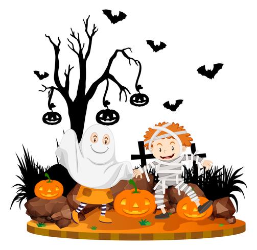 Escena de Halloween con niños disfrazados vector