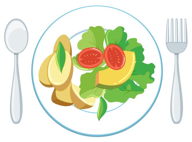 Ensalada y patatas en un plato vector