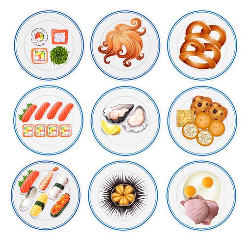 Sushi y otros tipos de comida en platos. vector