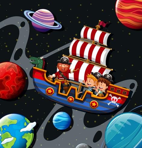 Children riding on viking with pirate vector