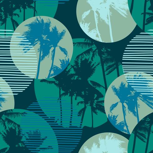 Seamless exotic pattern with tropical palms and geometric background. vector