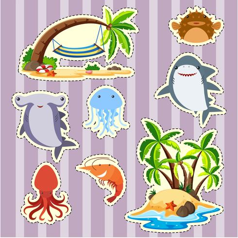 Sticker design island and fish vector