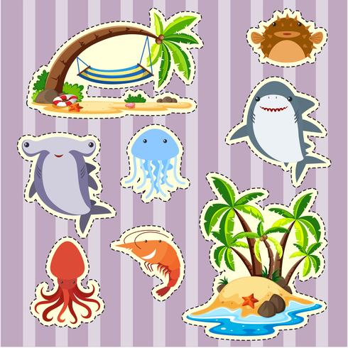 Sticker design island and fish - Download Free Vector Art, Stock Graphics & Images