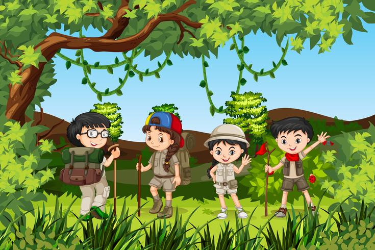 Group of hiking kids vector