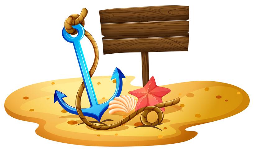 A beach with an anchor and empty signboard vector