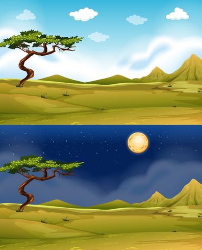 Green field at daytime and nighttime vector