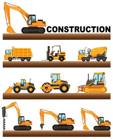 Diferentes tipos de camiones de construcción en el suelo. vector