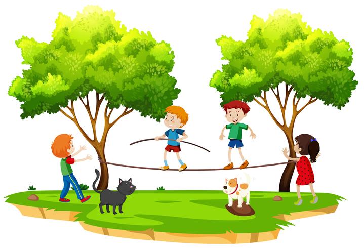 Children walking tightrope in the park vector