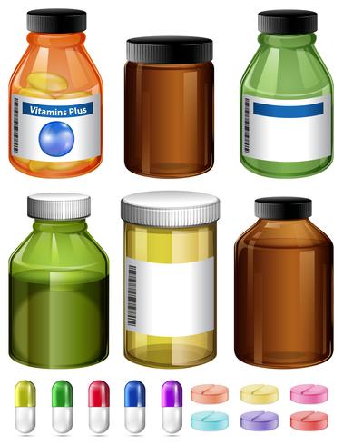 Un conjunto de medicamentos y envase. vector