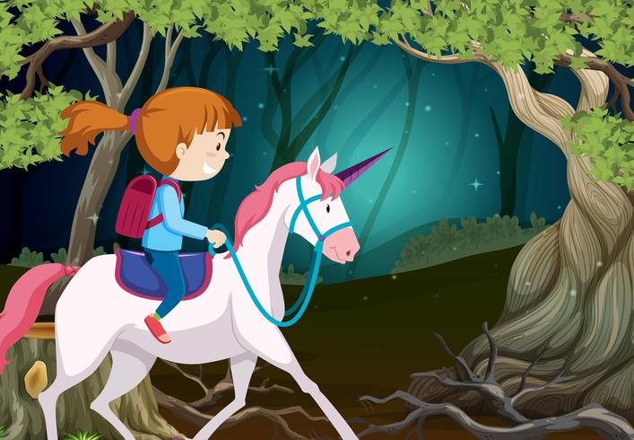 A girl riding unicorn at night vector