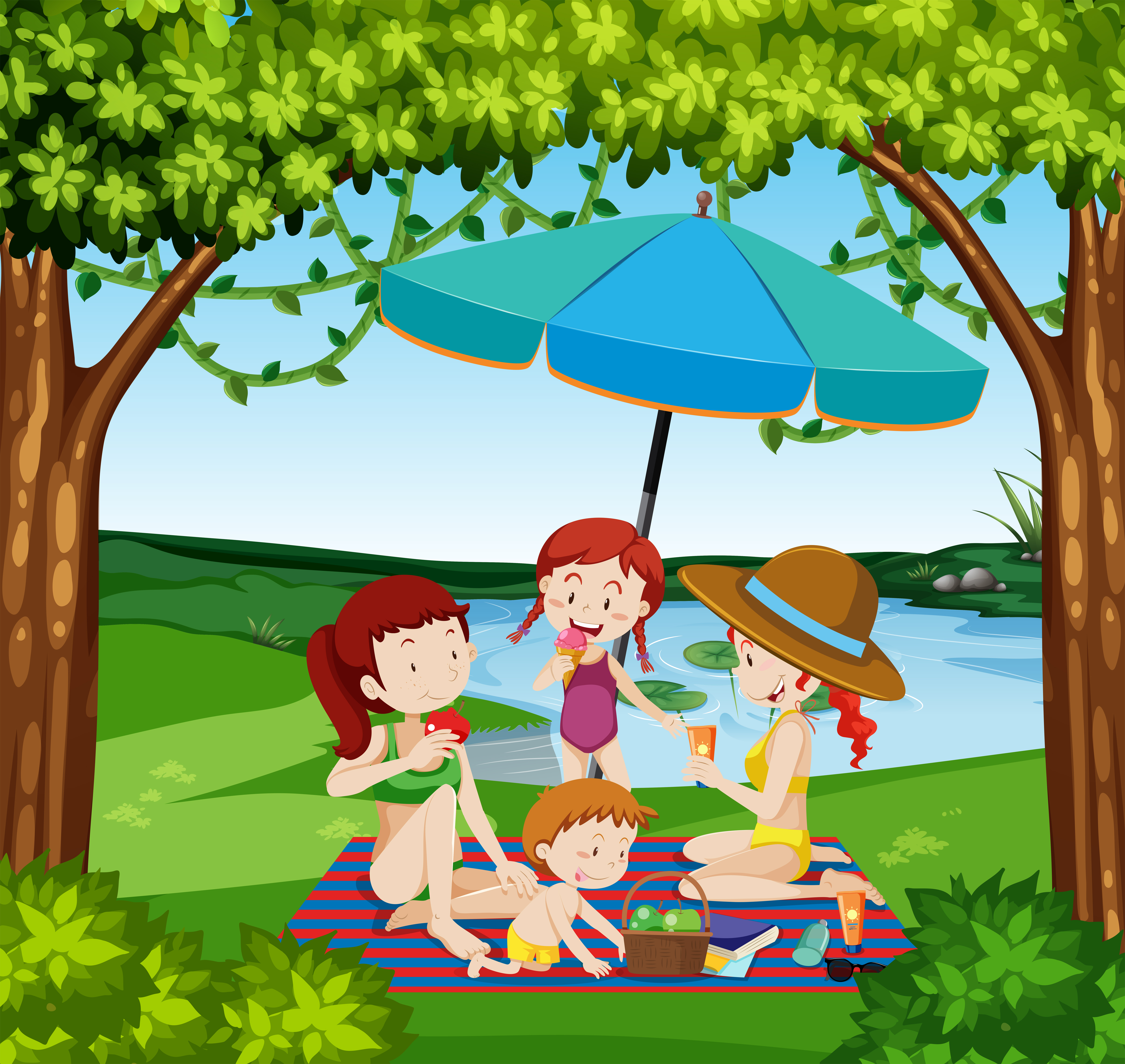 People picnic at the lake 300063 Vector Art at Vecteezy