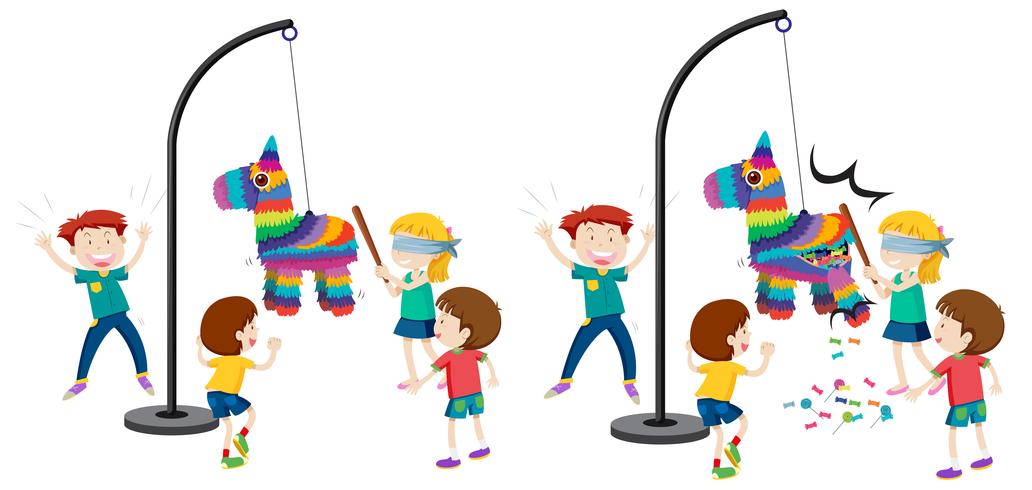 Children hitting pinata game vector