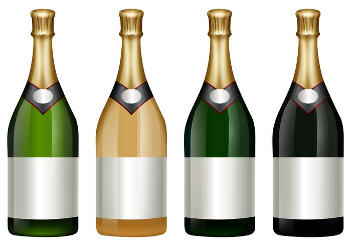 Cuatro botellas de champagne con tapa dorada. vector