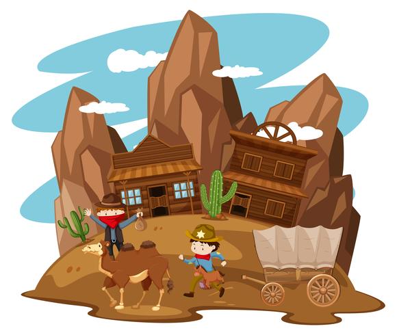 Kids playing cowboy in western town vector