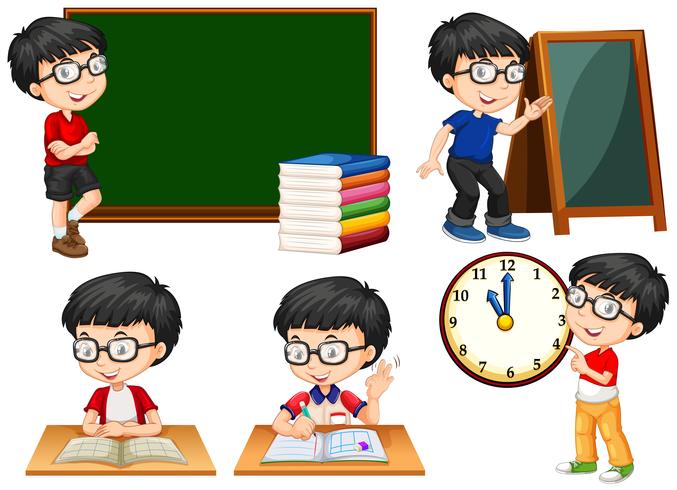 Schoolboy doing different actions at school vector