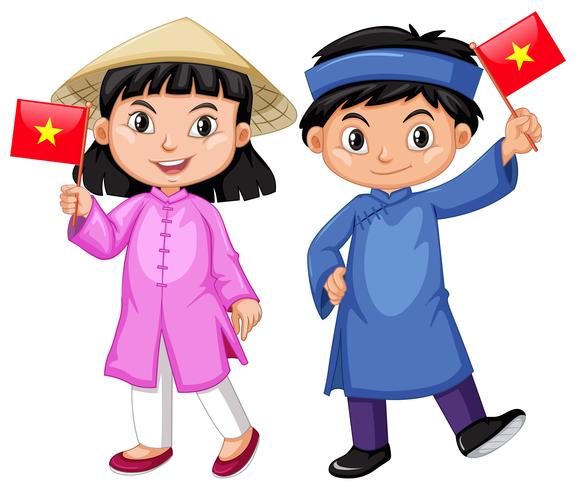 Niño y niña vietnamita en traje tradicional. vector