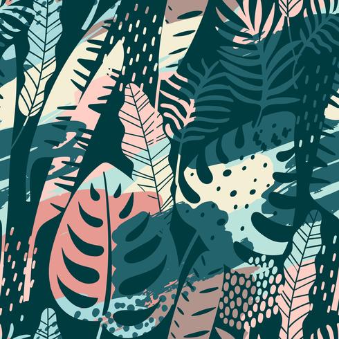 Seamless exotic pattern with tropical plants and artistic background. vector