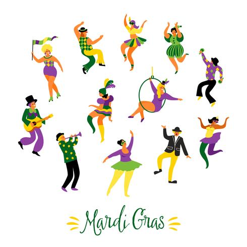 Mardi Gras. Ilustración vectorial de divertidos hombres y mujeres bailando en trajes brillantes vector