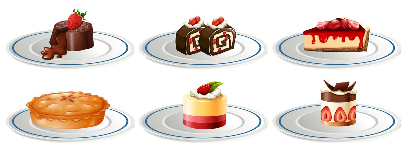 Different kinds of desserts on plates vector