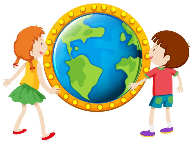 Boy and girl looking at globe vector