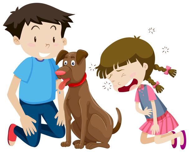 Niño y niña con perro vector