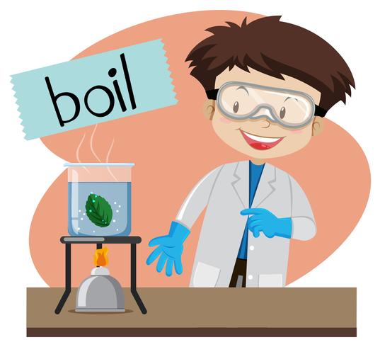 Wordcard for boil with boy doing science lab vector