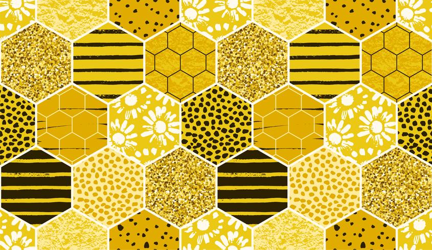 Seamless geometric pattern with bee. Modern abstract honey design. vector