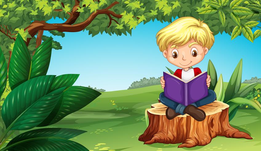 Cute boy reading book in park vector