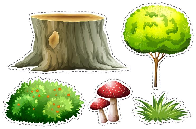 Sticker set of nature with tree and bush vector