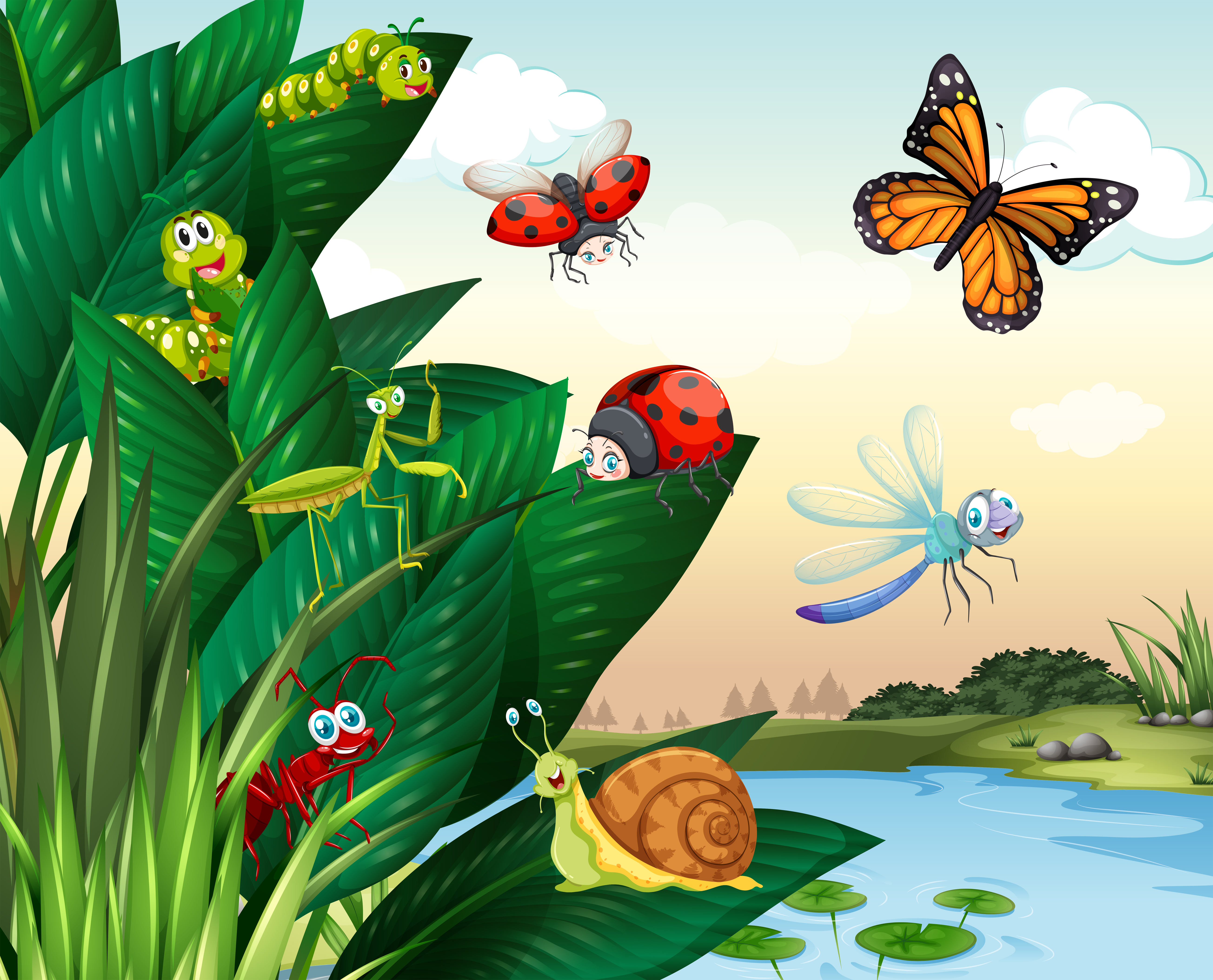 Different types of insects at the pond 300360 Vector Art at Vecteezy