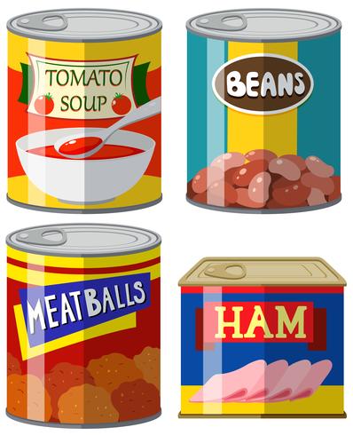 Four canned food on white background vector