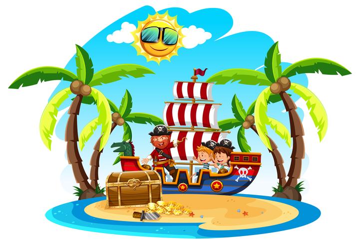 Un pirata con niños en la isla vector