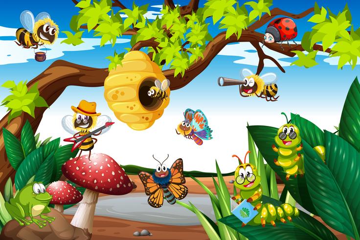 Bees flying around the tree vector