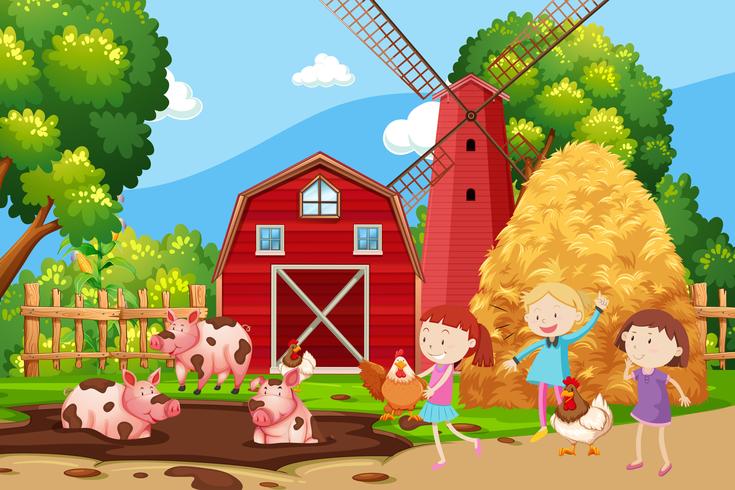 Children playing at the farmland vector