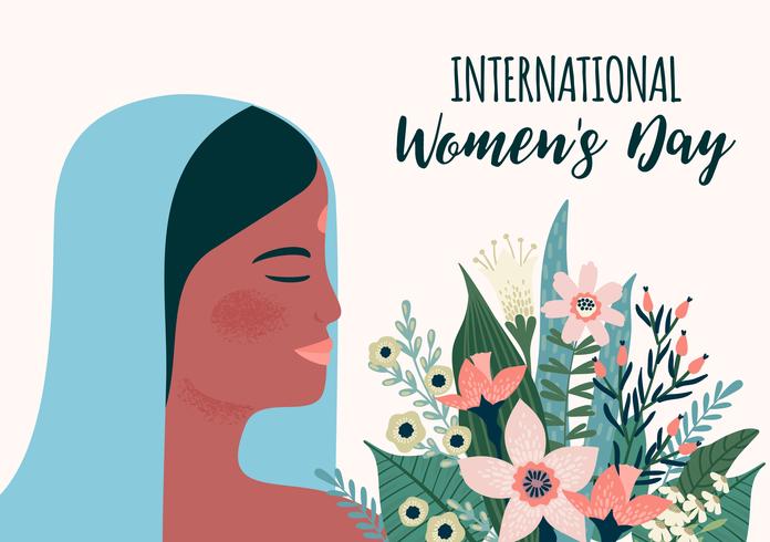 Día Internacional de la Mujer. Plantilla de vectores con mujer india y flores