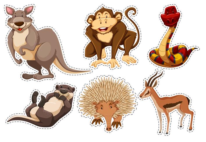 Set de pegatinas con diferentes tipos de animales. vector