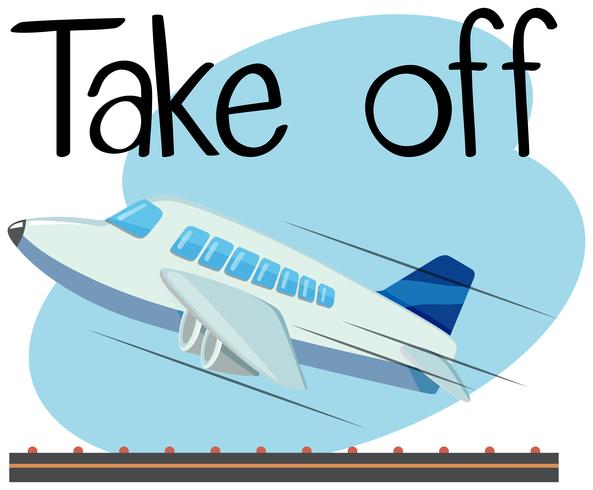 Wordcard for take off with airplane taking off vector