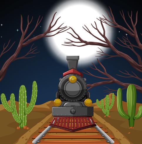 Tren en escena del desierto nocturno. vector