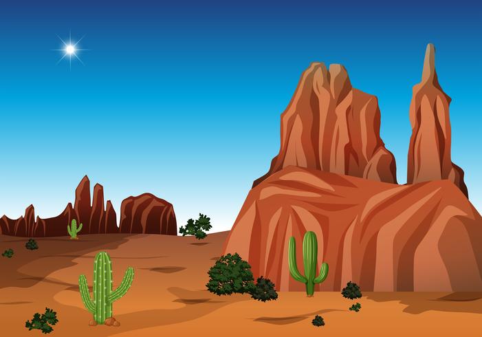 Escena del desierto con cañón y cactus. vector